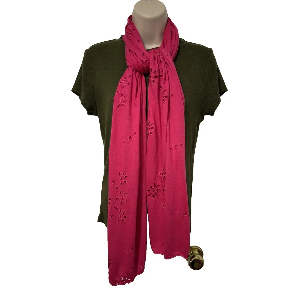 Women's Hot Pink Barbiecore Eyelet Jersey Knit Scarf Vibrant Colorful BOHO‎ Y2K